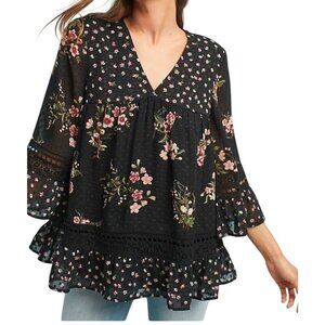 Maeve ANTHROPOLOGIE Small Floral Black Boho Top With Bell Sleeves & Crochet Trim